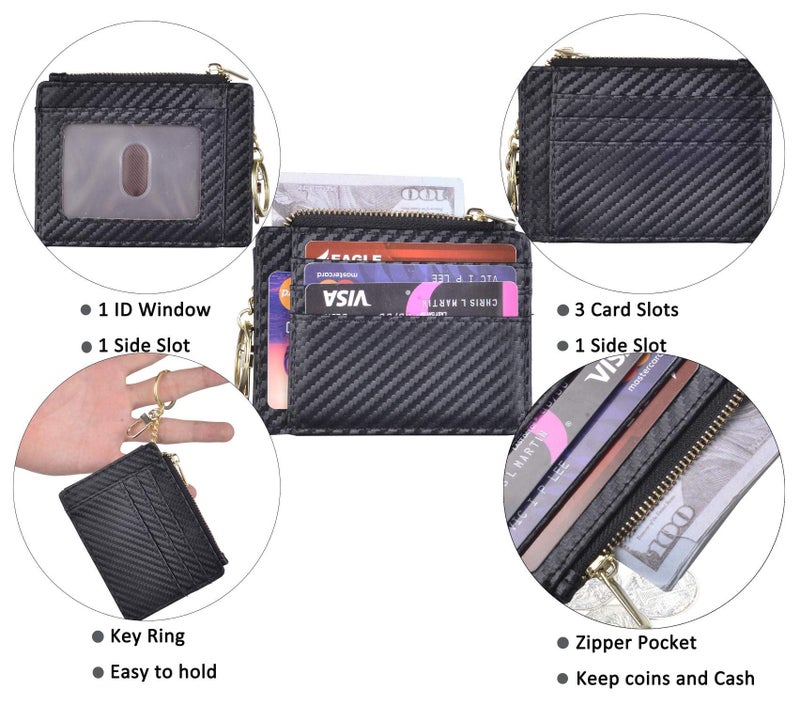 woogwin Slim RFID Credit Card Holder for Women Mini Front Pocket Wallet Purse With Keychain BLACK - Image 4